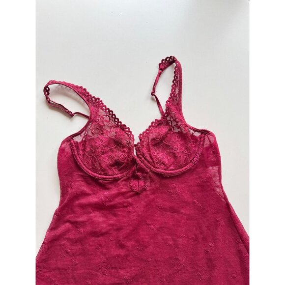 Vintage SILK & SATIN Maroon Red Mesh Lace Babydoll Negligee Slip Dress, Size S - Picture 6 of 13